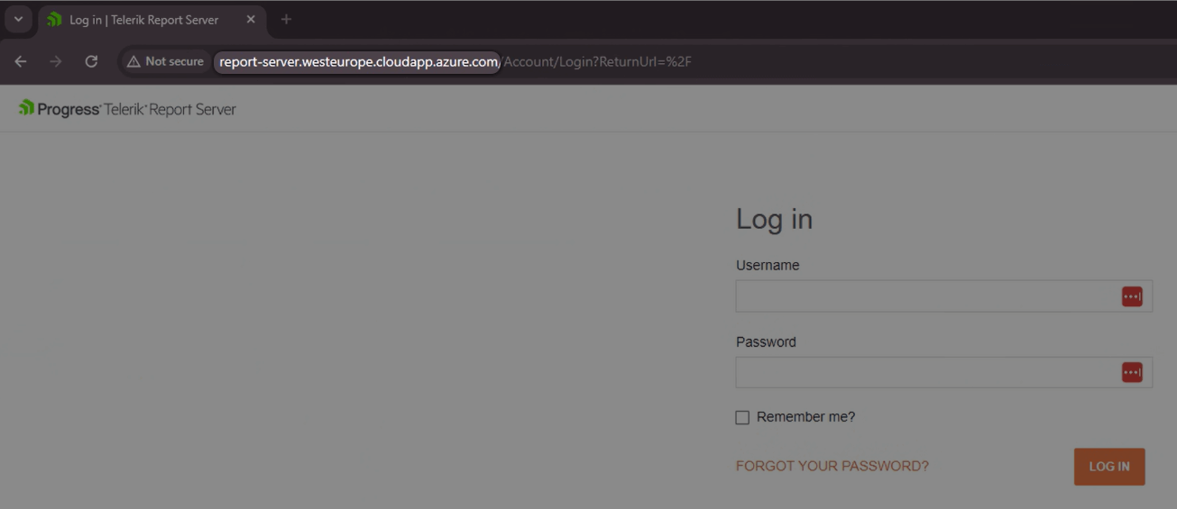 Report Server .NET Manager log in screen after successful deployment from the Azure Marketplace.