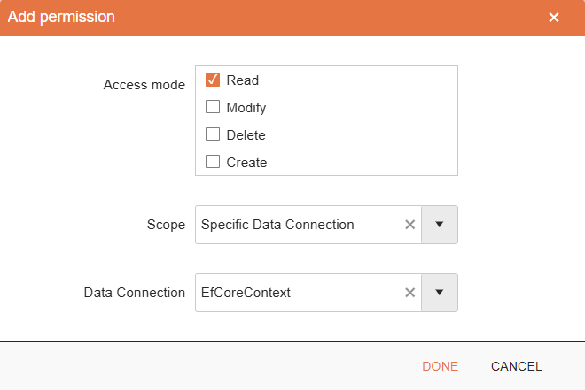 Add permission dialog for the EfCoreContext data connection in the User Roles view, with Read access mode selected.