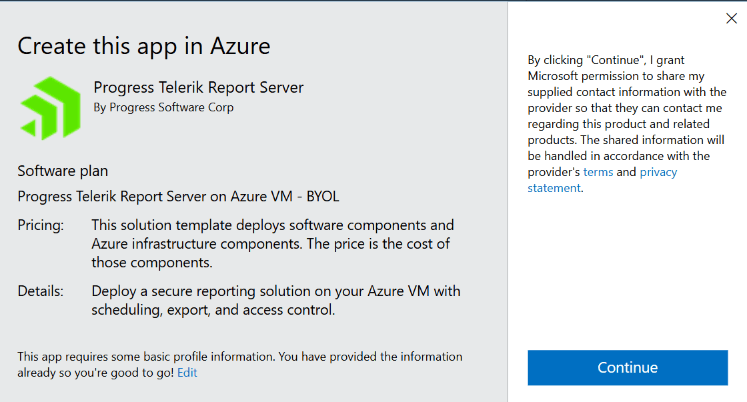 Click Continue to accept Microsoft Azure conditions and start the deployment.