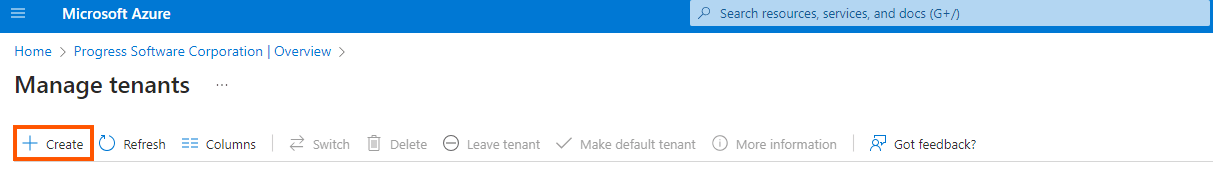 Location of the Create button on the Manage Tenants page in the Azure portal.