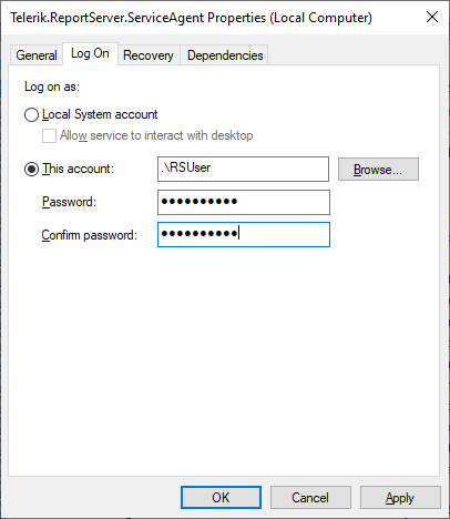 Changing the Log On credentials of the Telerik.ReportServer.ServiceAgent service.