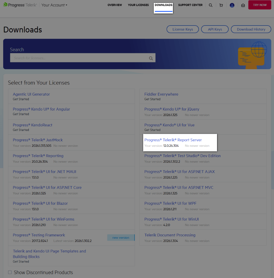 Select Report Server product from the Downloads option in your Progress Telerik account.