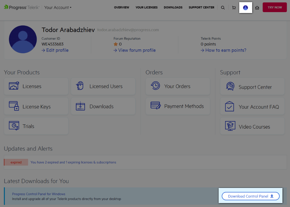 Download Progress Control Panel from your Progress Telerik Account.
