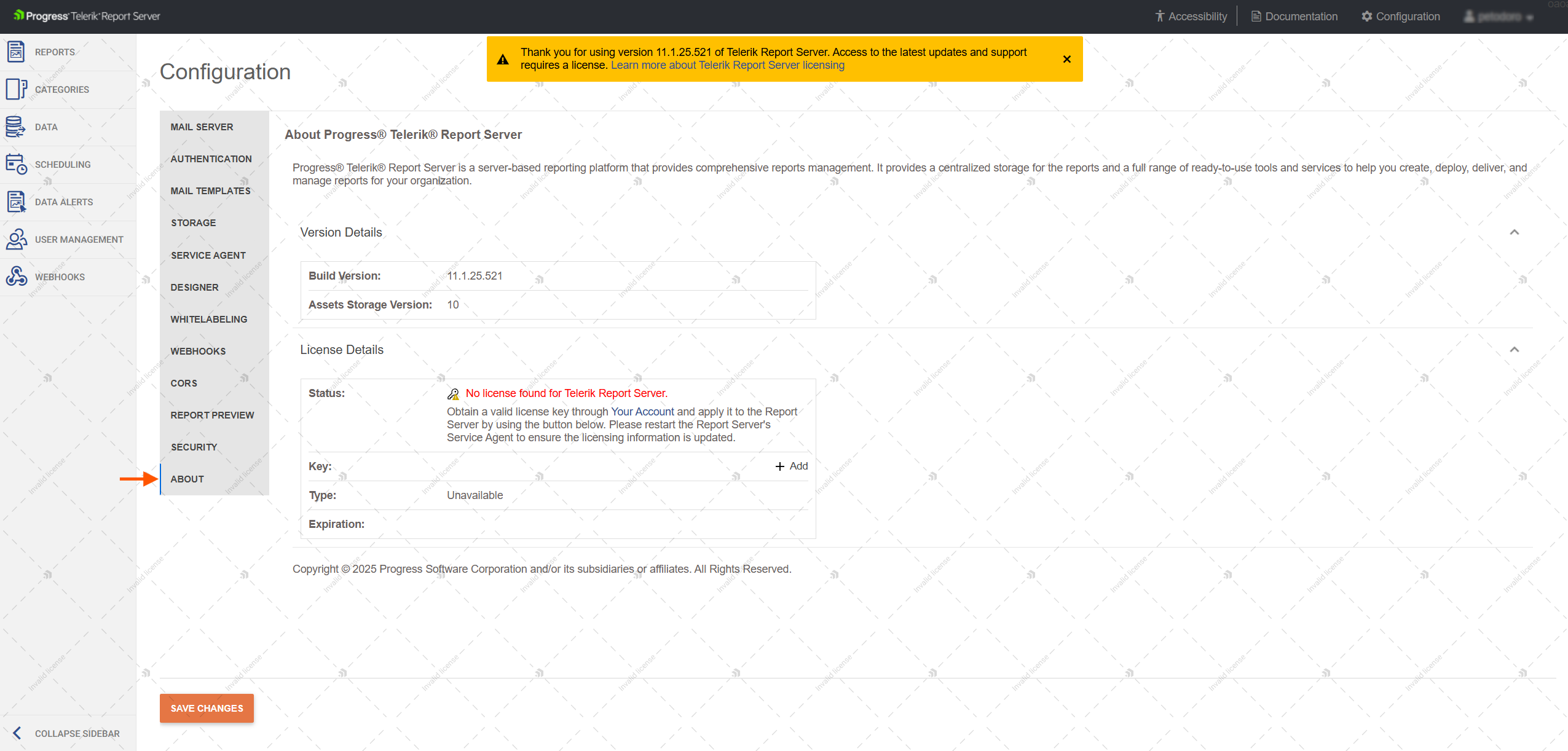 An image displaying how the About section of the Configuration page looks without a license.