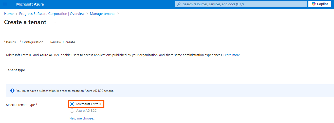 The Create a tenant page with Microsoft Entra ID as the selected type.