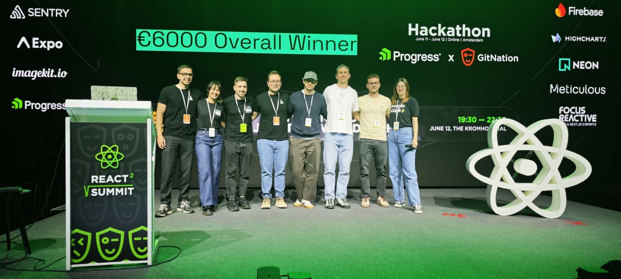 The Progress team on stage with the overall winners, team HALLWAY 