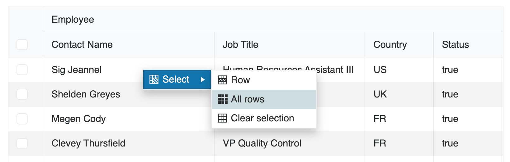 Context menu in the KendoReact Data Grid