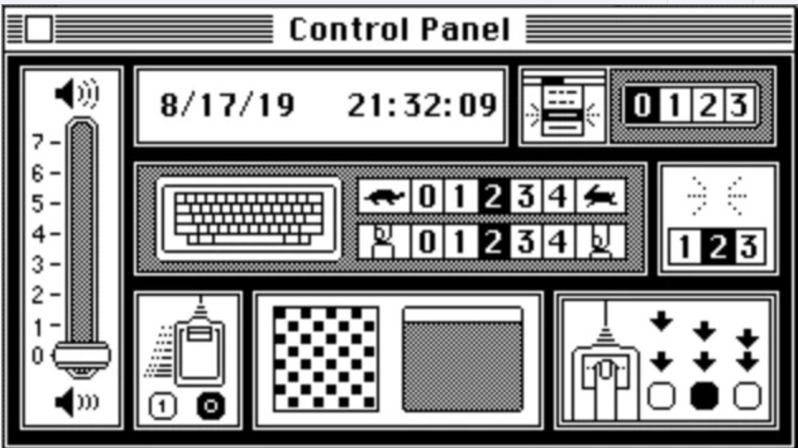 Screenshot 2026-07-23 at 10.18.37 AM Macintosh System 1 Control Panel UI