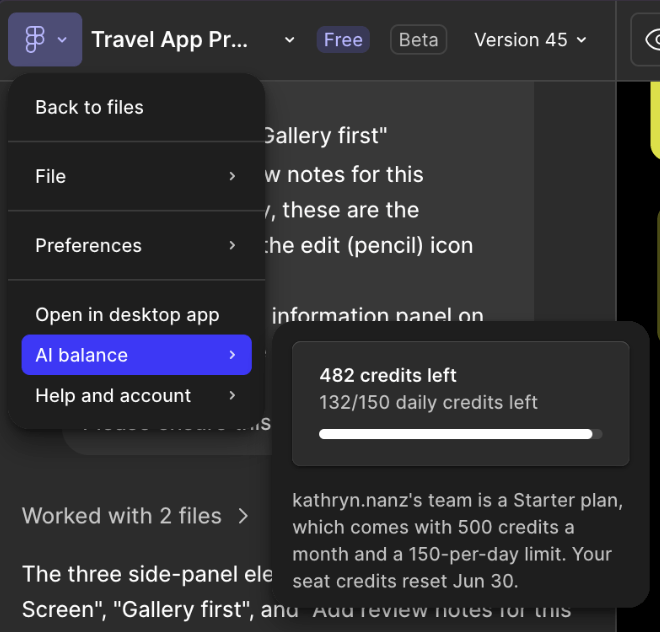 Screenshot 2026-07-23 at 10.28.55 AM Figma's AI Balance token tracking meter