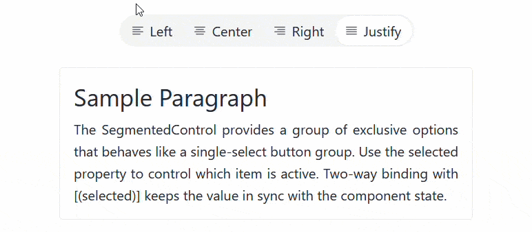 Kendo UI for Angular Segmented Control - Selected Item GIF