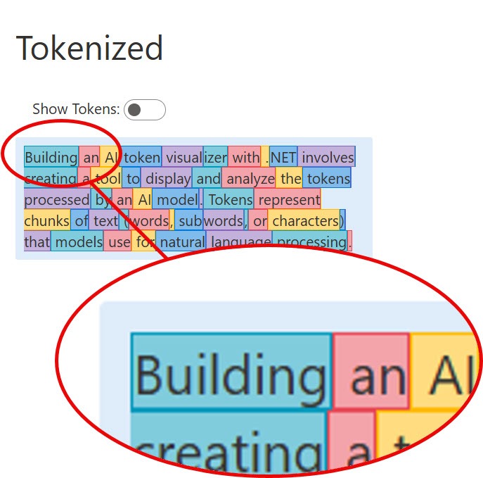 tokenized string with each word in a different token, visualized in different colors
