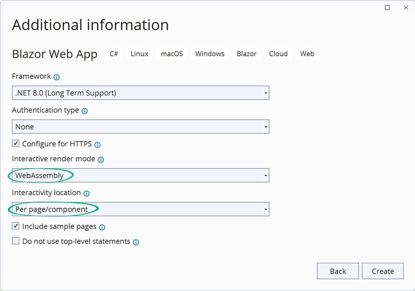 A Blazor interactive WebAssembly configuration. Authentication type: none, Interactive render mode: WebAssembly, Interactivity location: per page/component, and Include sample pages is selected.