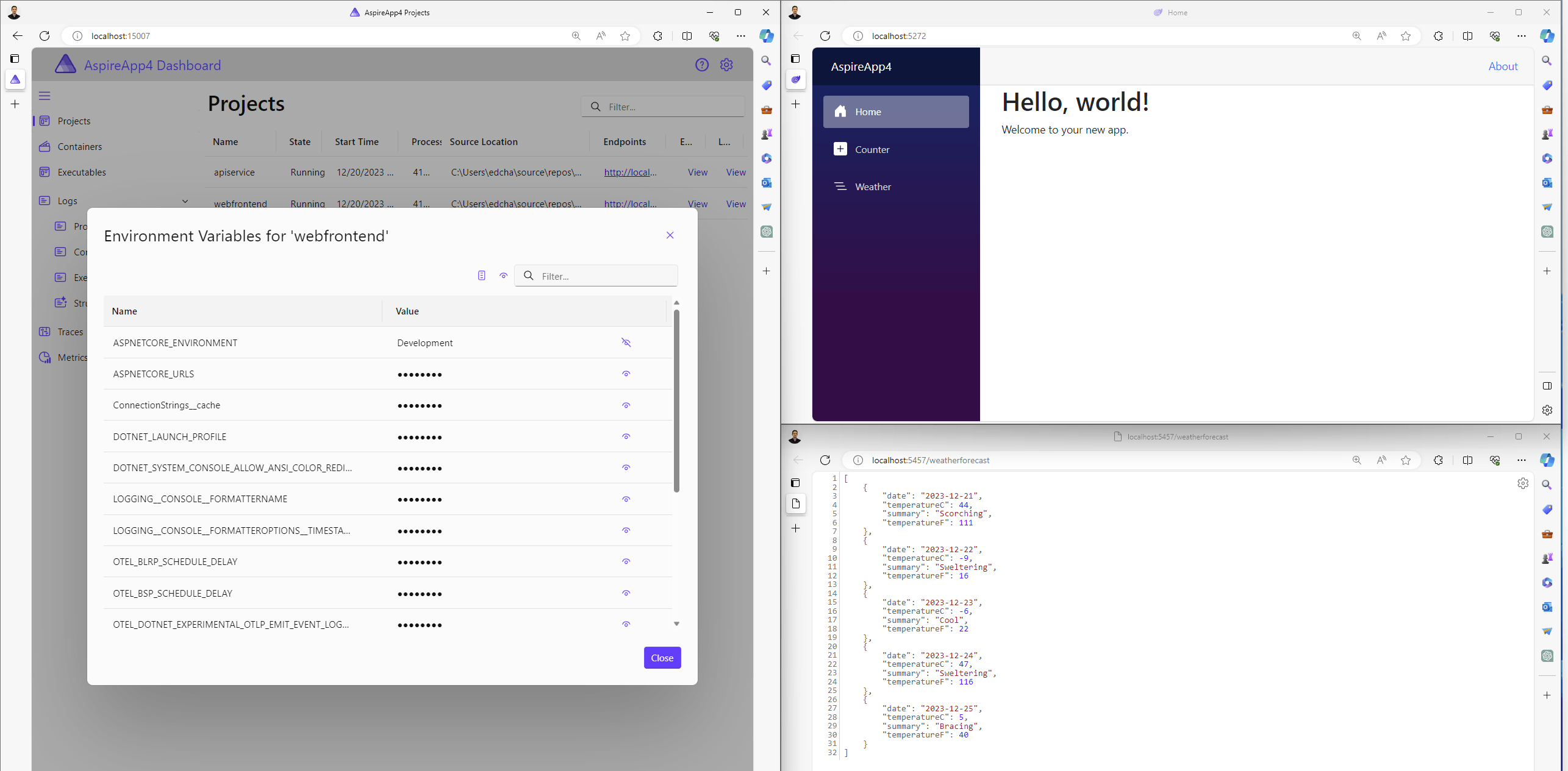 A collage of images showing the .NET Aspire dashboard (left) with a running Blazor application (right) and Web API streaming JSON as text (right-bottom)
