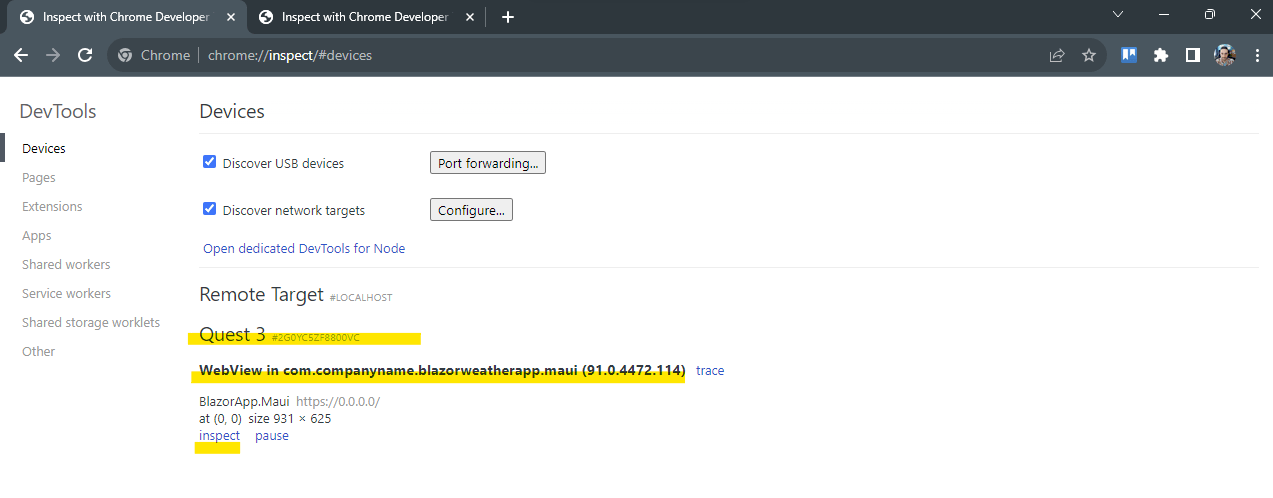 The Chrome Developer tools window showing a debug link to a Quest 3 device for remote debugging.