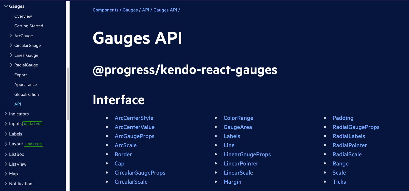 Screenshot of the API section of the KendoReact Gauges documentation