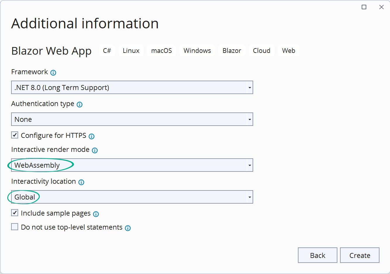 A Blazor interactive WebAssembly configuration. Authentication type: none, Interactive render mode: WebAssembly, Interactivity location: global, and Include sample pages is selected.