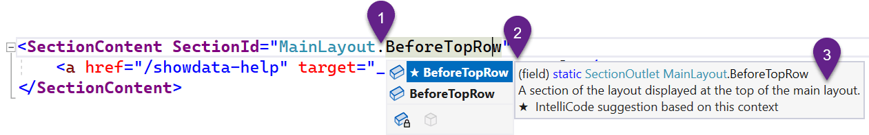[1] Code for a SectionId property being typed. [2] The Intellisense menu displaying the sections for MainLayout. [3] The description for BeforeTopRow, provided by XML Comments.