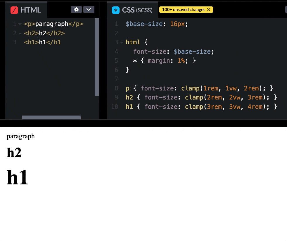 A gif demonstrating how a paragraph, h2, and h1 element all scale when the base variable is adjusted.