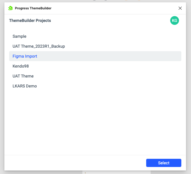 Screenshot of the available ThemeBuilder projects for import in the ThemeBuilder Figma plugin