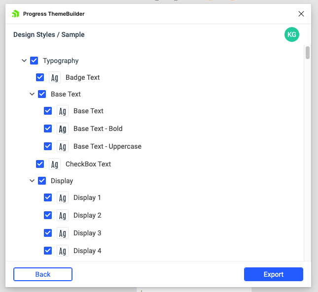 Screenshot of the available design tokens for import in the ThemeBuilder Figma Plugin