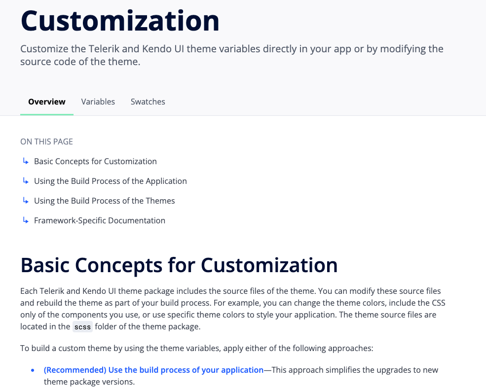 A screenshot form the Design System documentation showing information about customization for themes
