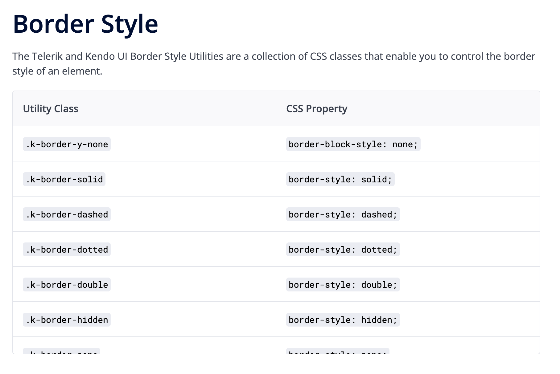 Some of the border style CSS utility classes defined by the Kendo UI CSS Utility