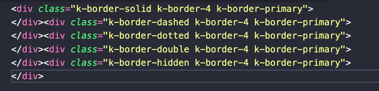 An example of several border-related CSS utility classes applied to HTML code.