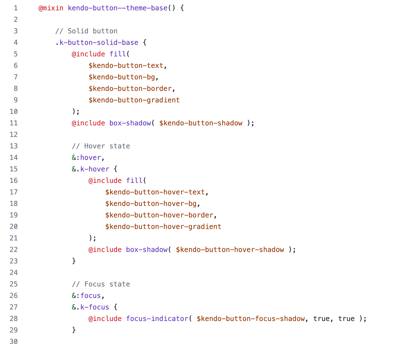 An example of the theme styles found in the kendo-themes repo for the Button component