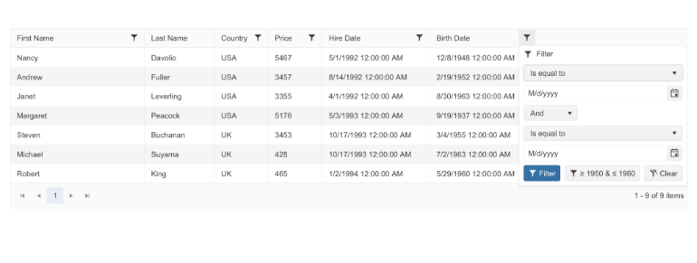Telerik UI for Blazor Grid - Filter Menu Buttons Template