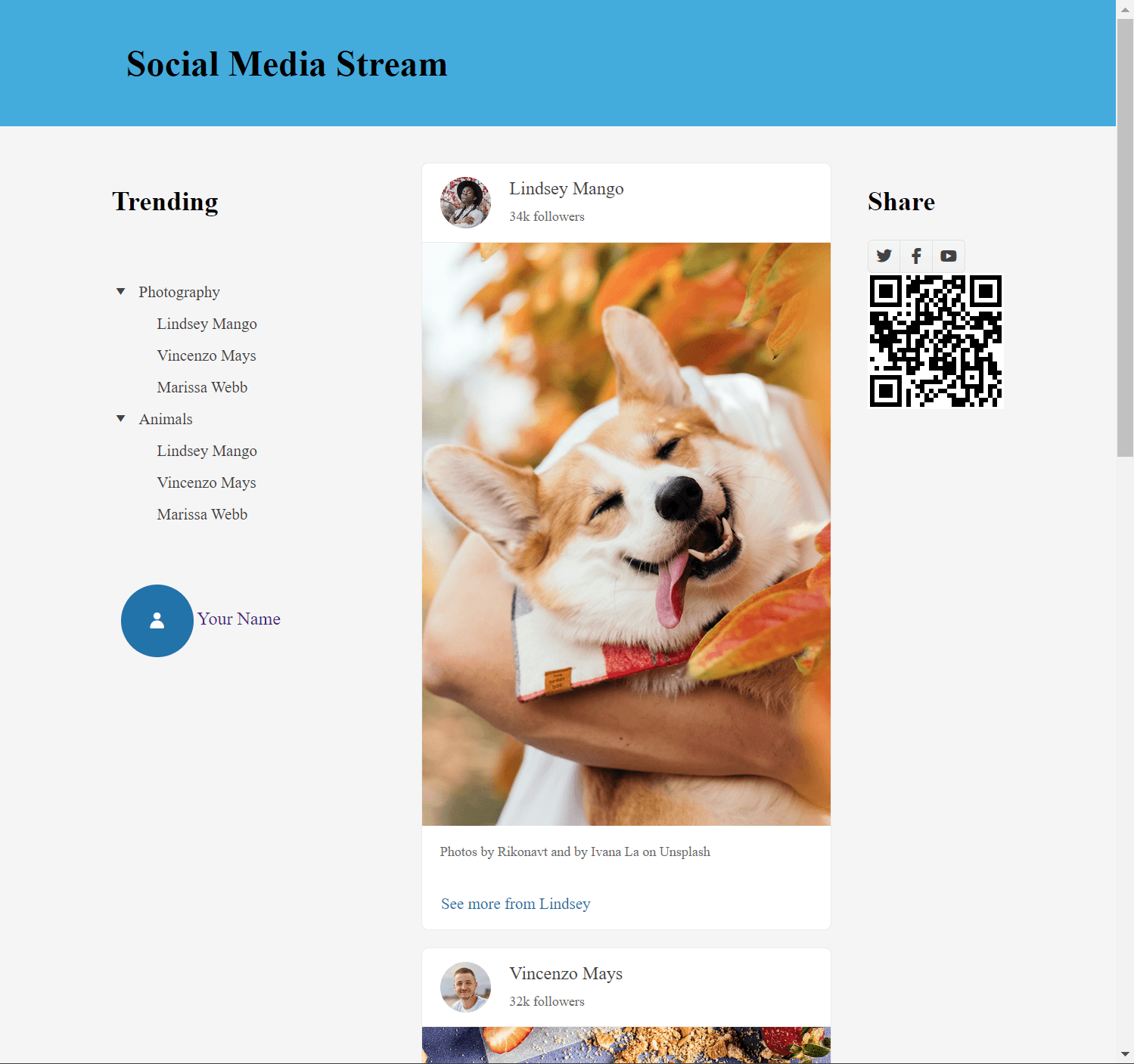 A social media feed interface using a three-column layout.