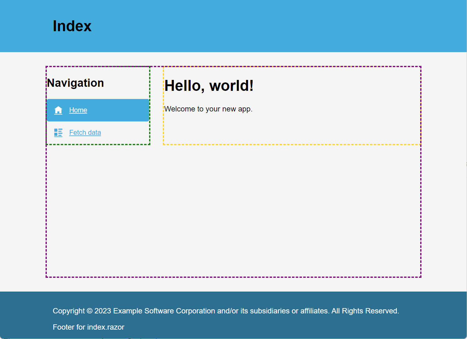 The Index page rendered in the browser with two columns. The navigation column outlined in green, and the main column outlined in yellow.