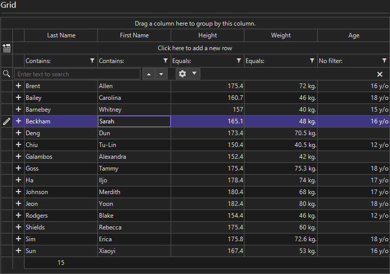 Grid in VisualStudio2022Dark - row being edited shows in the purple accent