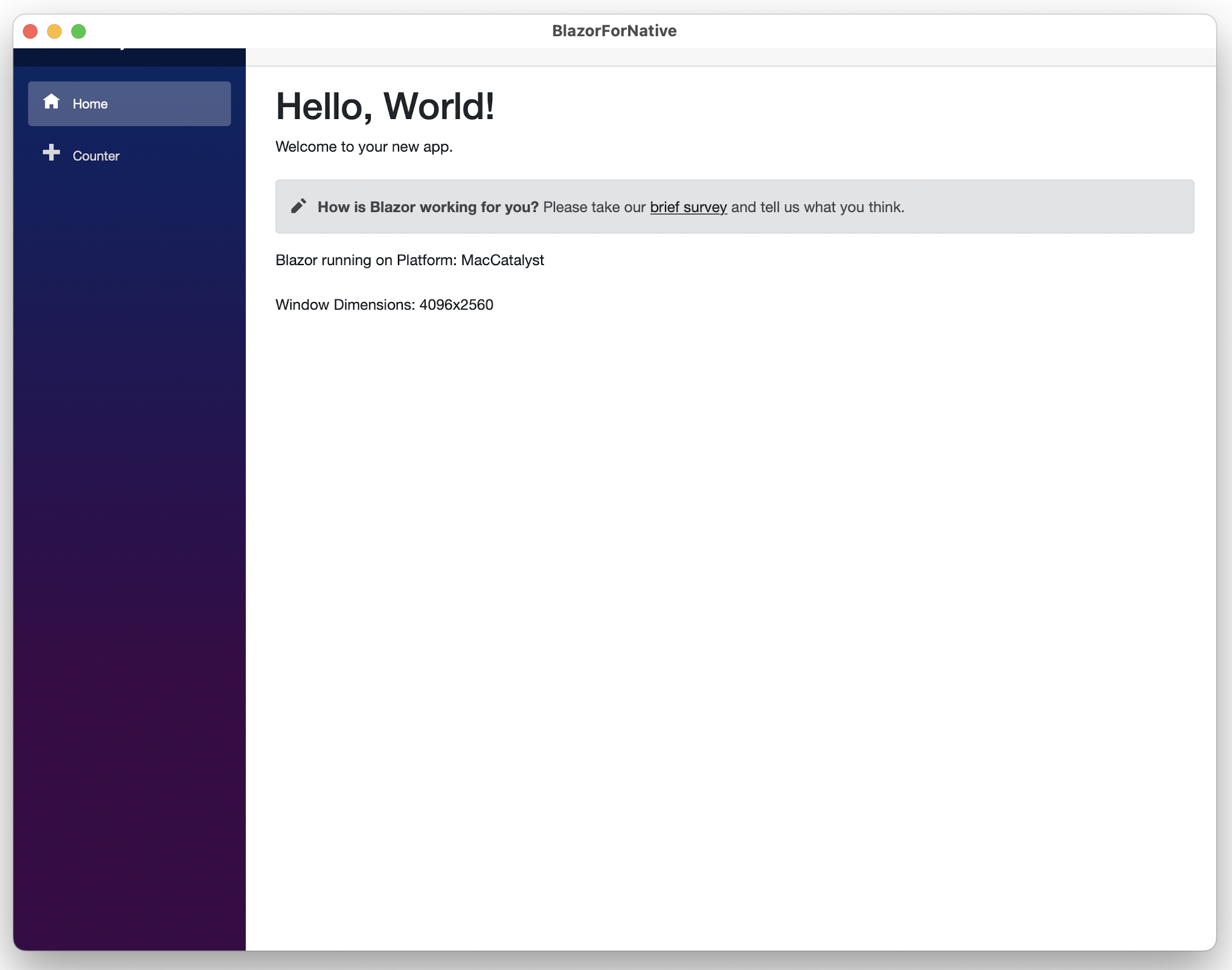 BlazorEverywhere app with window dimensions 4096x2560