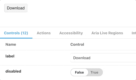 An animated gif, showing a Button component in Storybook change text and toggle between disabled and not when the Storybook Controls are changed.