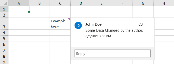 comment showing update comment showing John Doe, timestamp, and 'Some data changed by author'