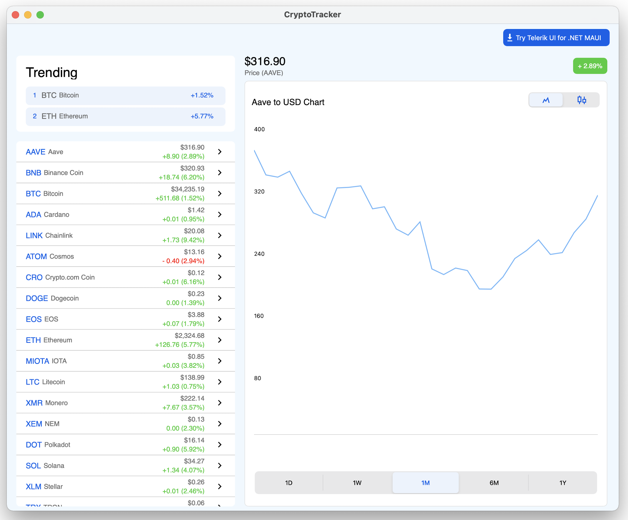 CryptoTracker on desktop shows both list of cryptocurrencies and the detailed view for the selected cryptocurrency