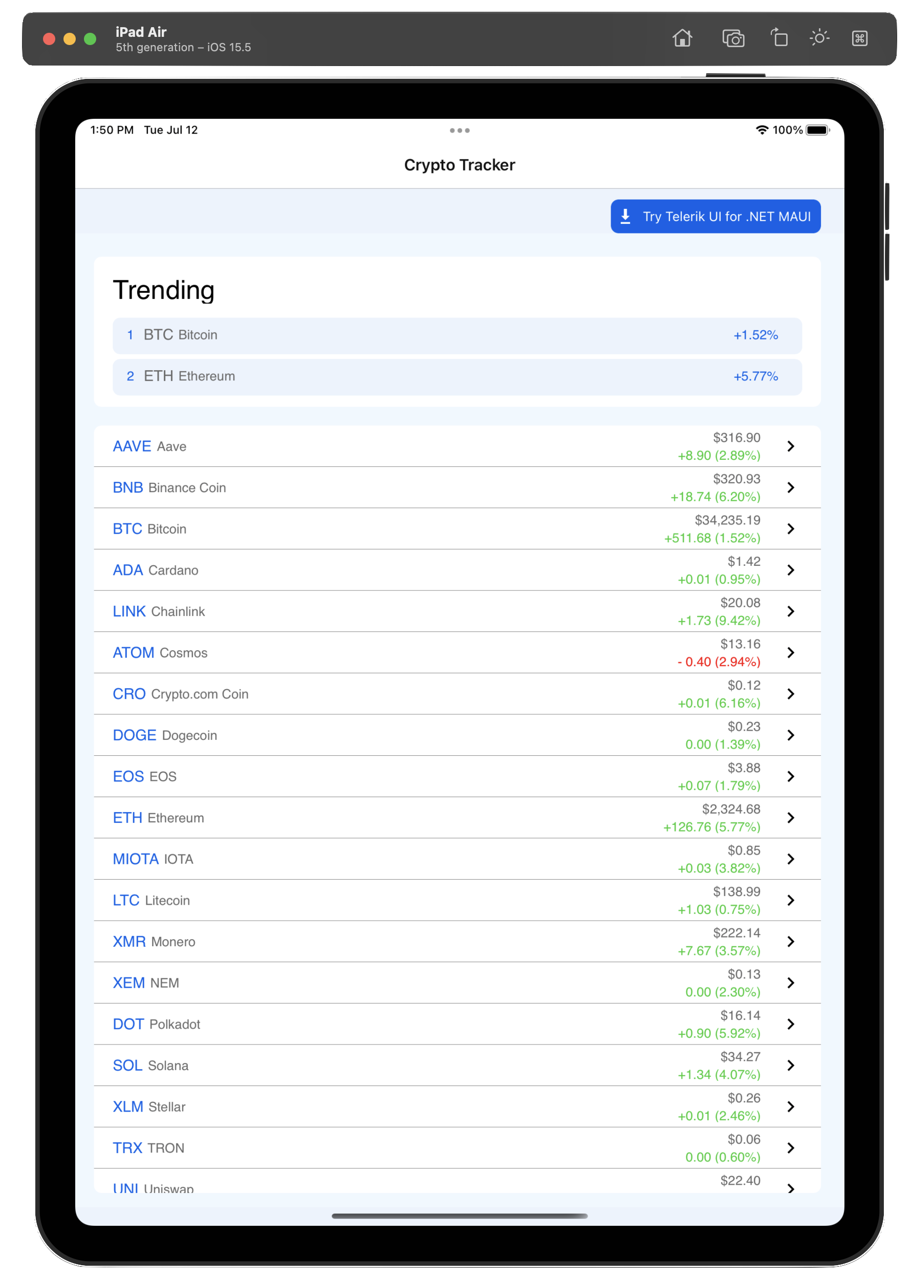 CryptoTracker on iPad Air shows top two trending and then an alphabetical list of cryptocurrencies with value and +/-