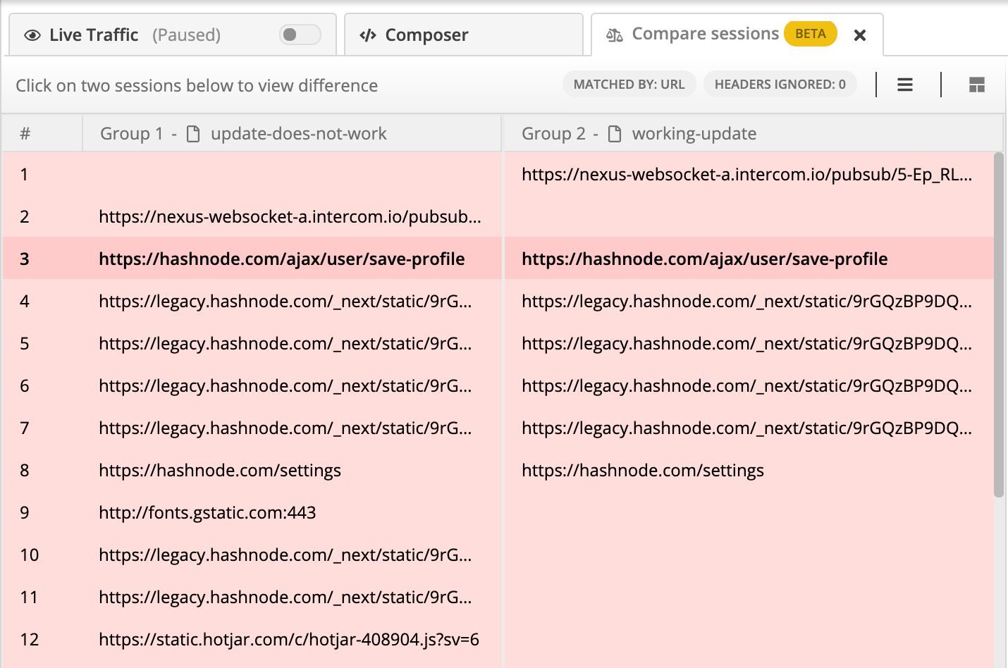 compare sessions tab