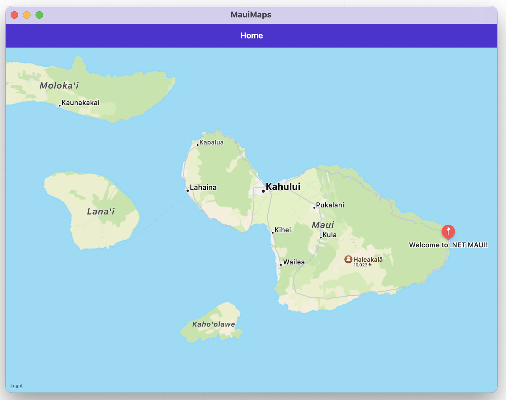 Map of Maui with a pin showing welcome to .NET MAUI!