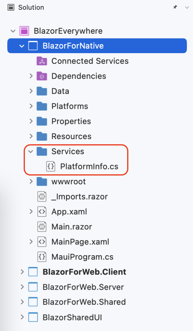 Circled under BlazorForNative is Services with PlatformInfo.cs