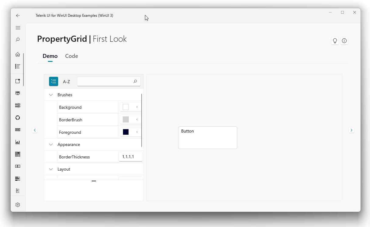 PropertyGrid Operations PropertyGrid showing that group button collects properties into categories, sort button lists all properties alphabetically, and search box allows user to type in a property, pulling up possible matches filtering with each letter