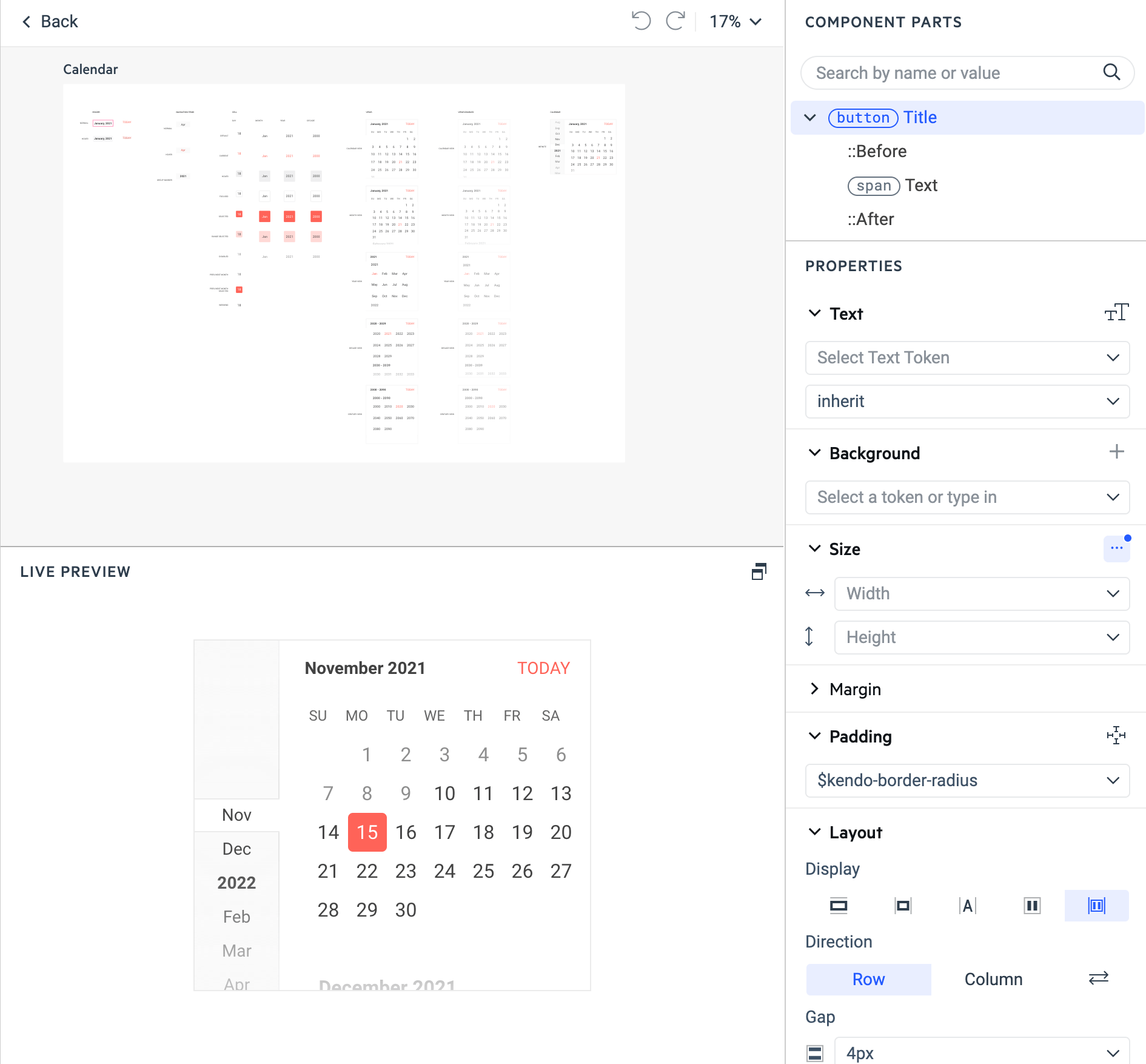 A ThemeBuilder screenshot, showing the calendar component in Advanced Edit mode.