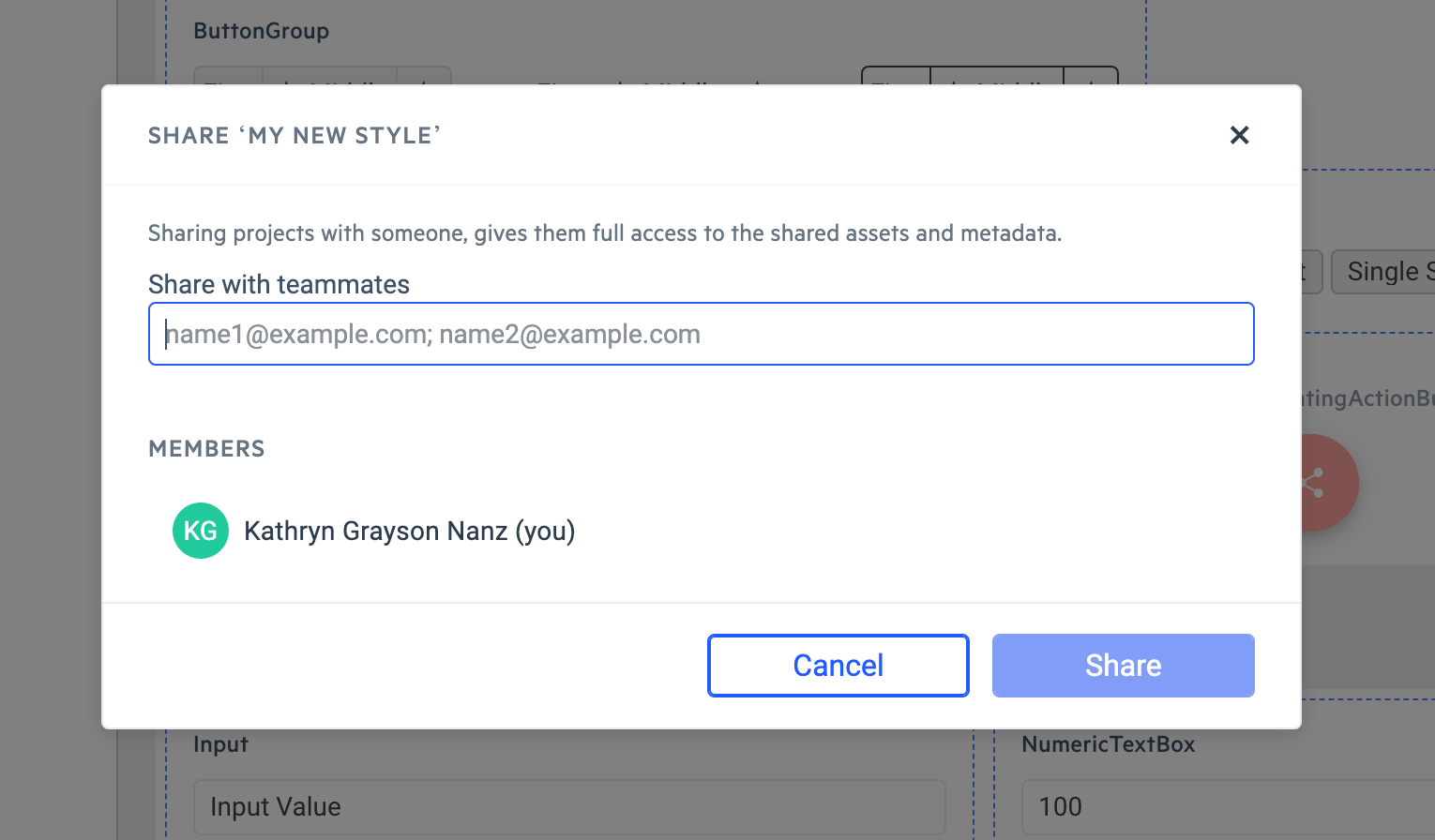 A ThemeBuilder screenshot, showing the Sharing modal.