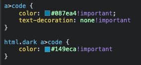 A screenshot of code showing the differences in blue based on the light or dark mode of the website.