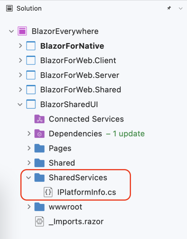 Circled under BlazorSharedUI is SharedServices with IPlatformInfo.cs
