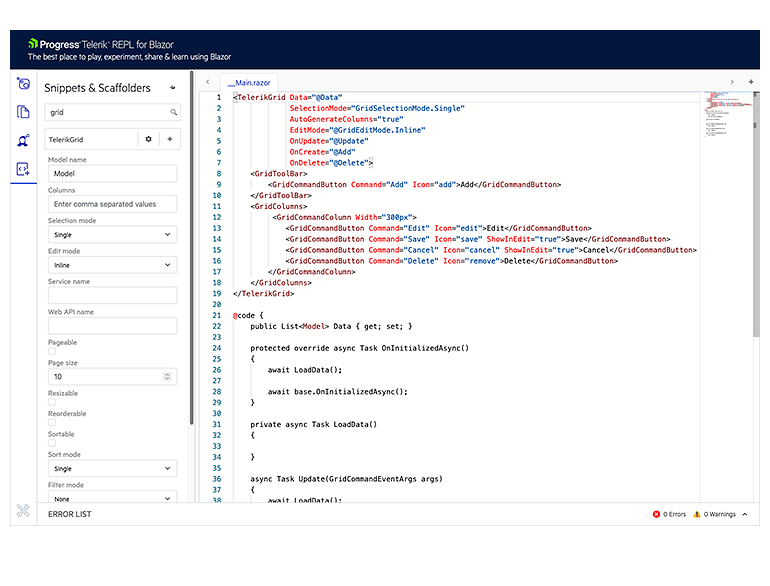 Telerik Blazor REPL Grid Scaffolder