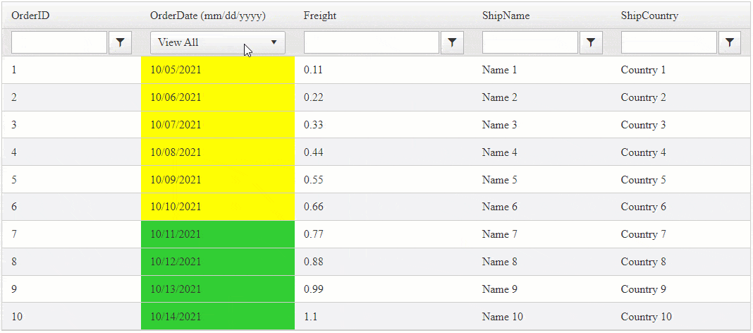 FilterGridDateTimeColumn_opt FilterGridDateTimeColumn_opt - OrderDate dropdown has options for View All or Current Term, changing the grid display results