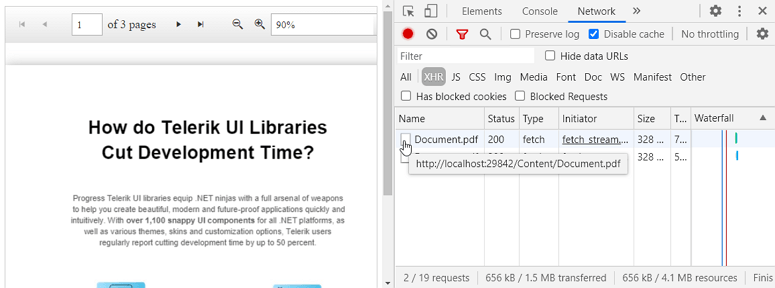HttpRequest to fetch file In the Network tab, hovering on the Document.pdf brings up a tooltip with the localhost URL.