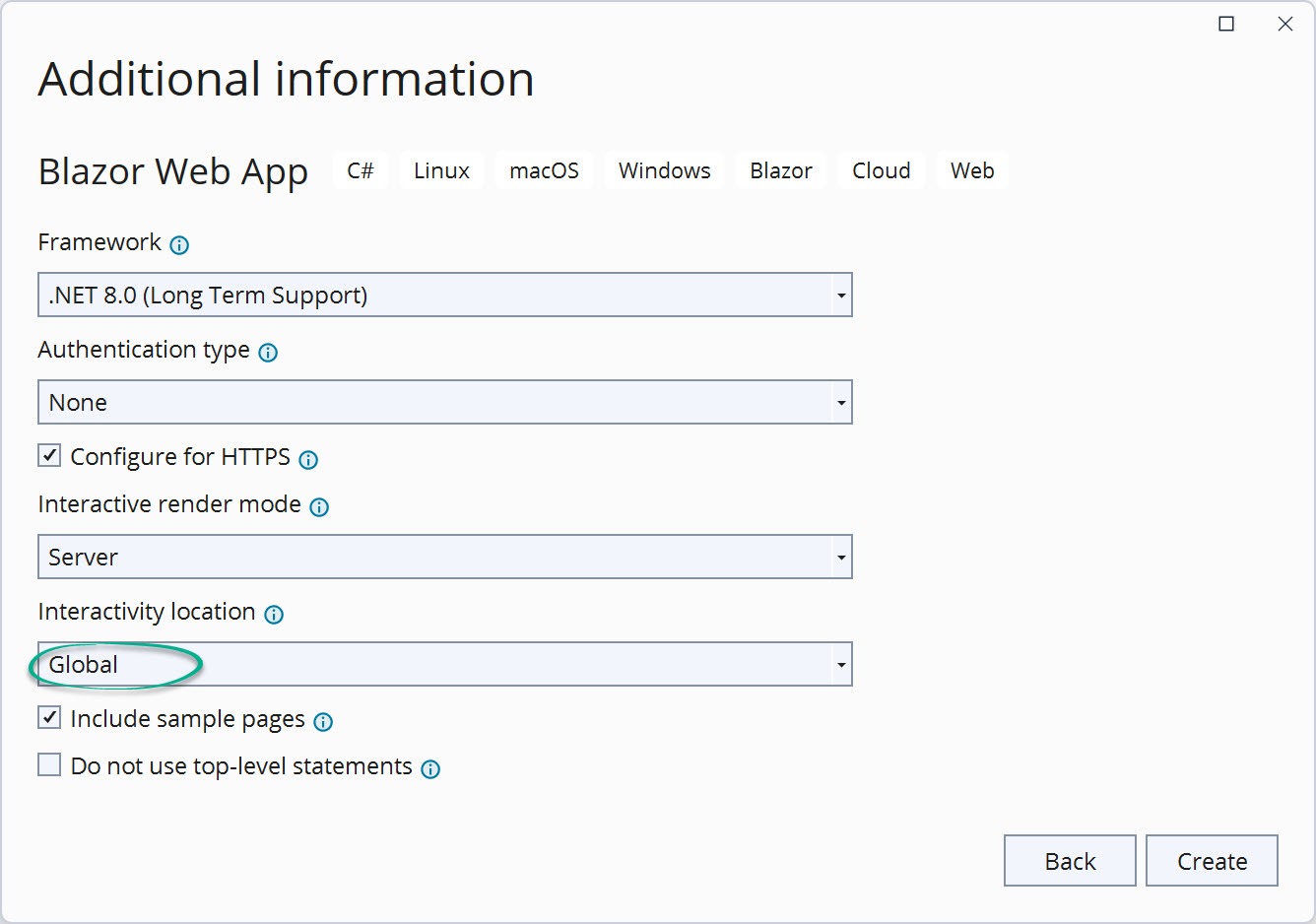 A static rendered Blazor configuration. Authentication type: none, Interactive render mode: server, Interactivity location: global, and Include sample pages is selected.