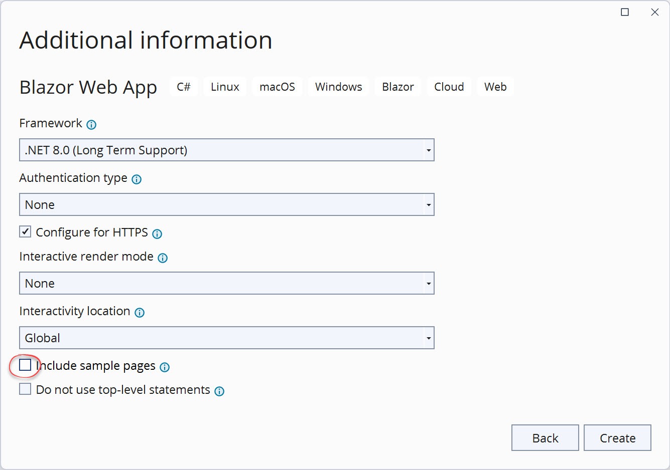 A bare-bones Blazor configuration. Authentication type: none, Interactive render mode: none, Interactivity location: global, and Include sample pages: not selected.